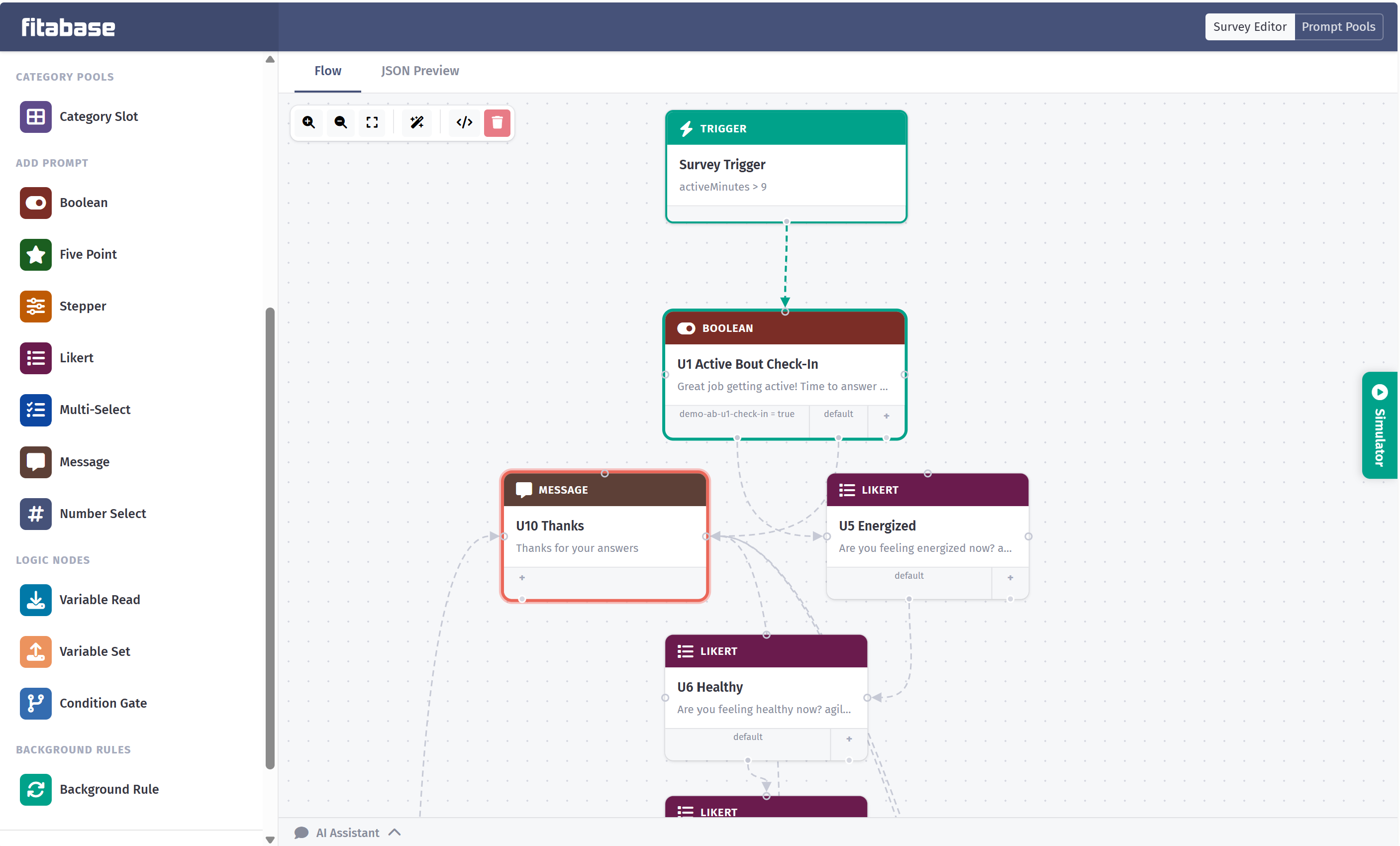 Fitabase Engage visual flow designer showing a survey trigger connected to boolean, message, and Likert prompt nodes