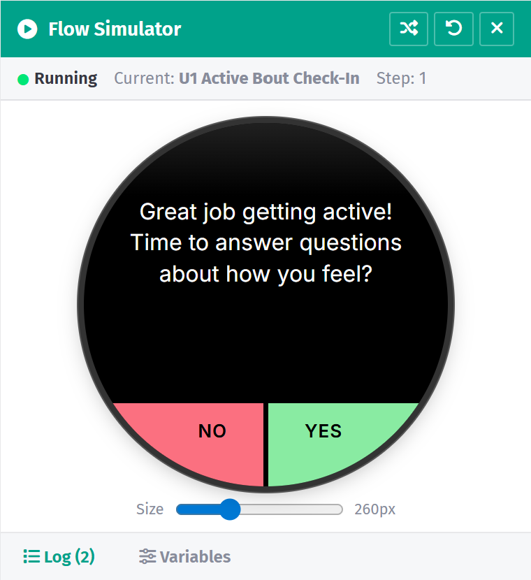 Fitabase Engage flow simulator running a Yes/No prompt on a simulated wrist display