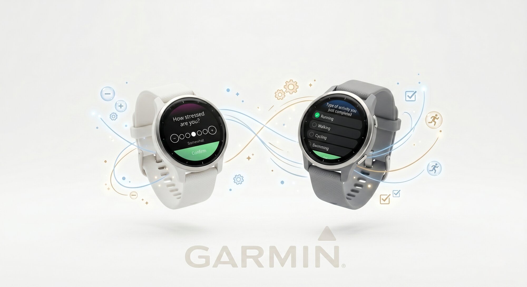 Two Garmin smartwatches displaying Engage prompts, with the Garmin wordmark and whimsical accent artwork