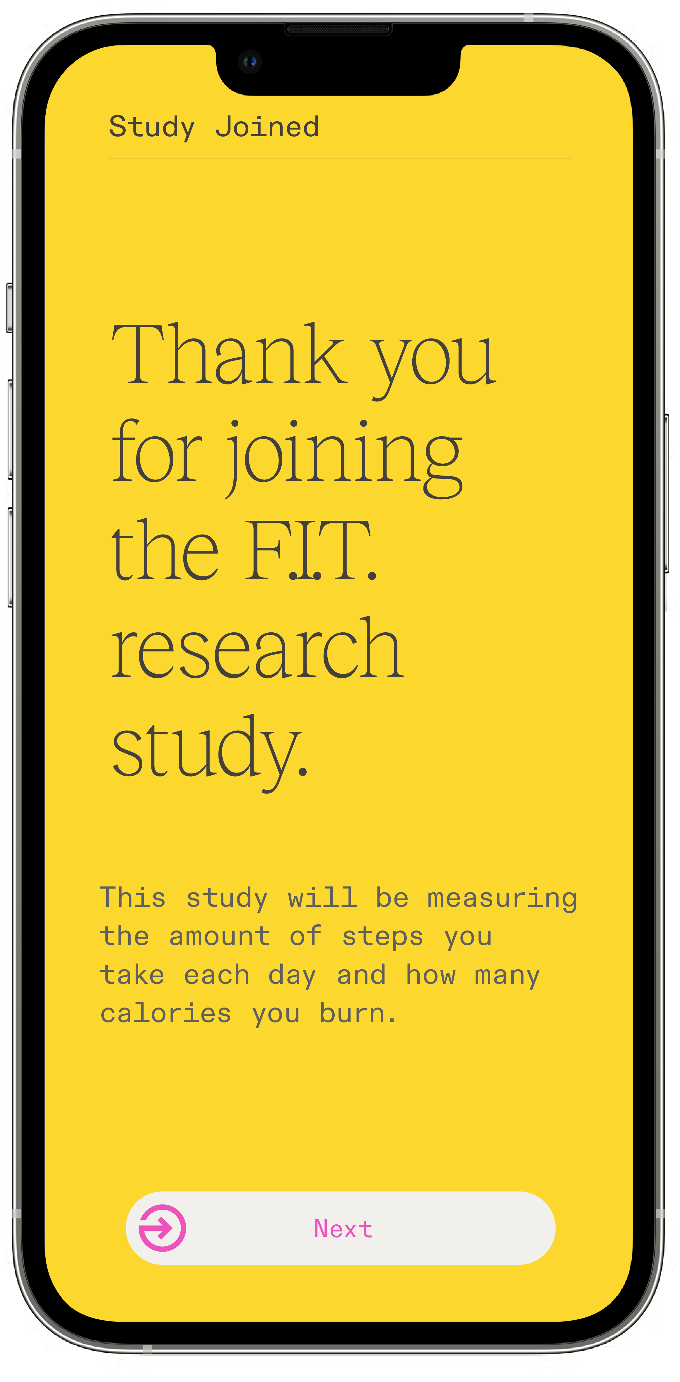 Fitabase Engage mobile app showing a 'Study Joined' welcome screen thanking the participant for joining the F.I.T. research study