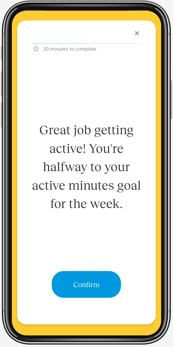 Fitabase Engage mobile app showing a 'Great job getting active! You're halfway to your active minutes goal for the week.' message with a Confirm button