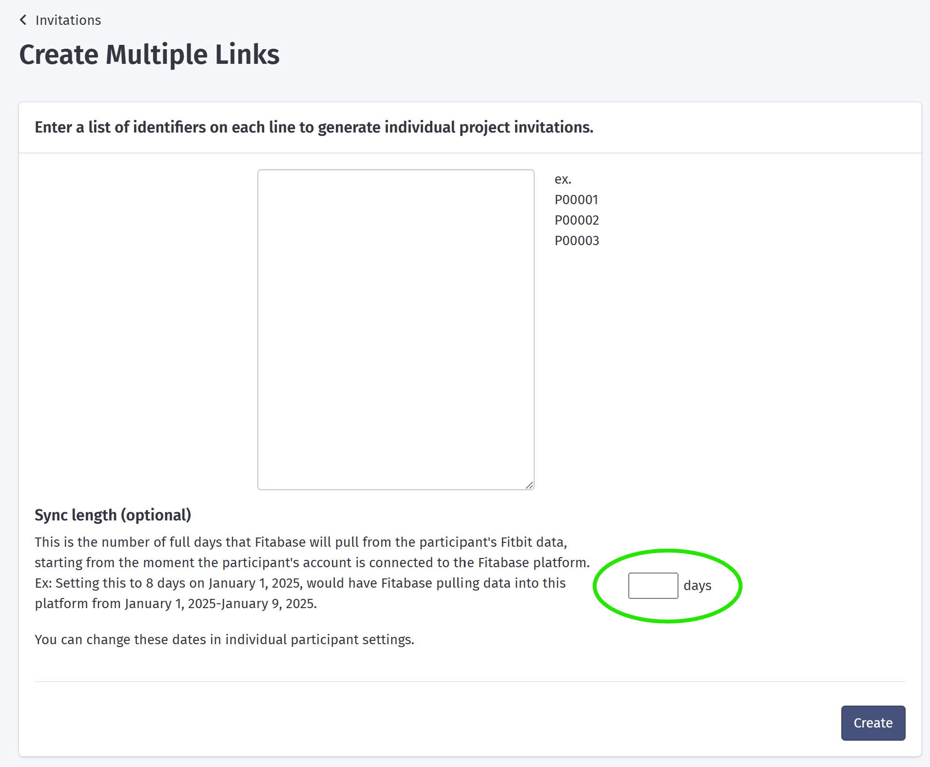 The Create Multiple Links page showing the Sync length input field with a days label