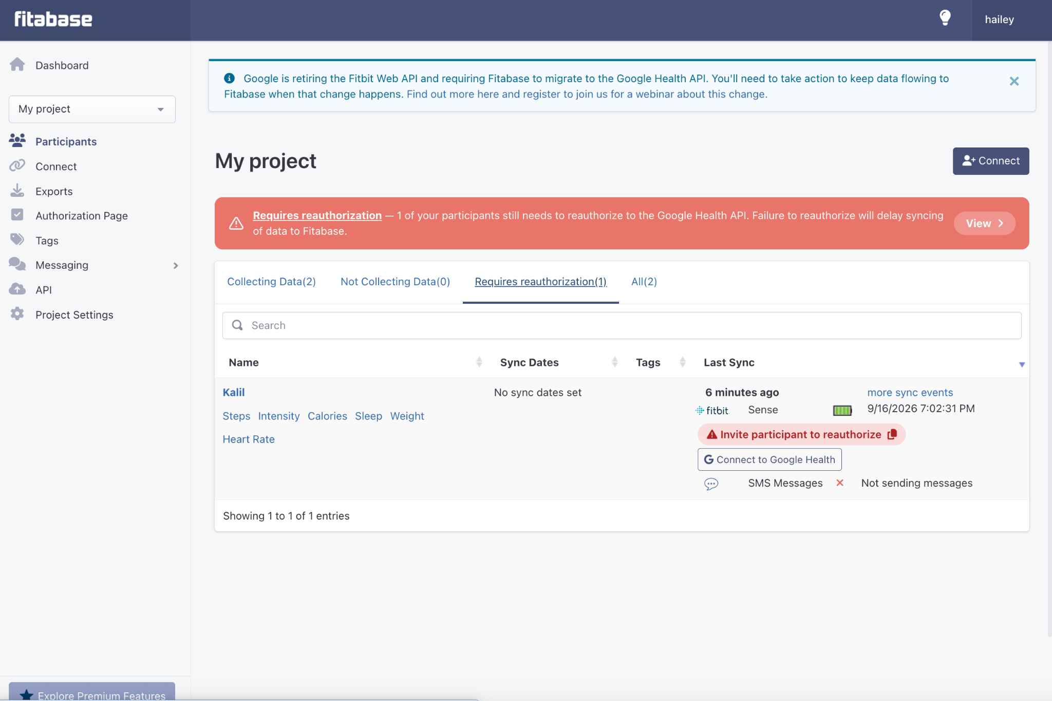 The Requires reauthorization tab on the Participants page, listing one participant who still needs to reauthorize