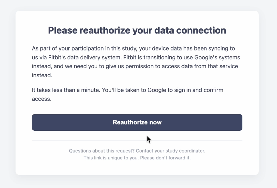 The Fitabase Please reauthorize your data connection page with a Reauthorize now button