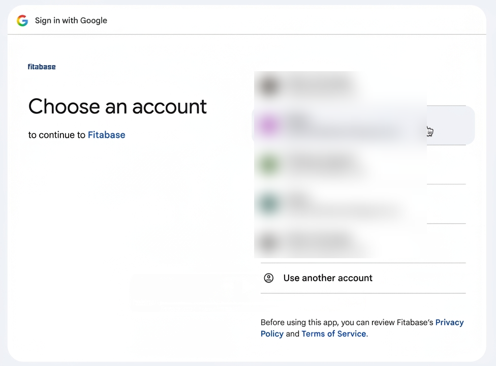 The Sign in with Google Choose an account screen for Fitabase