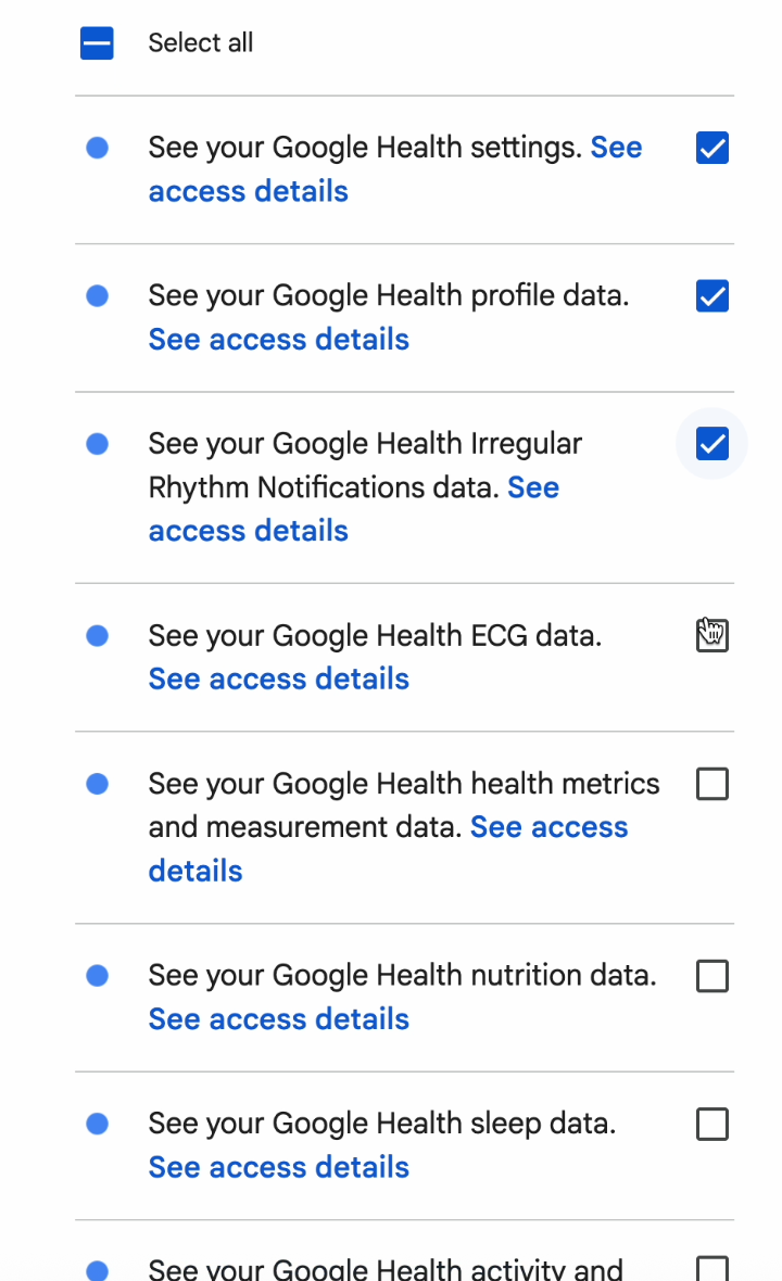 The Google permissions screen with Select all checked and a list of Google Health data scopes