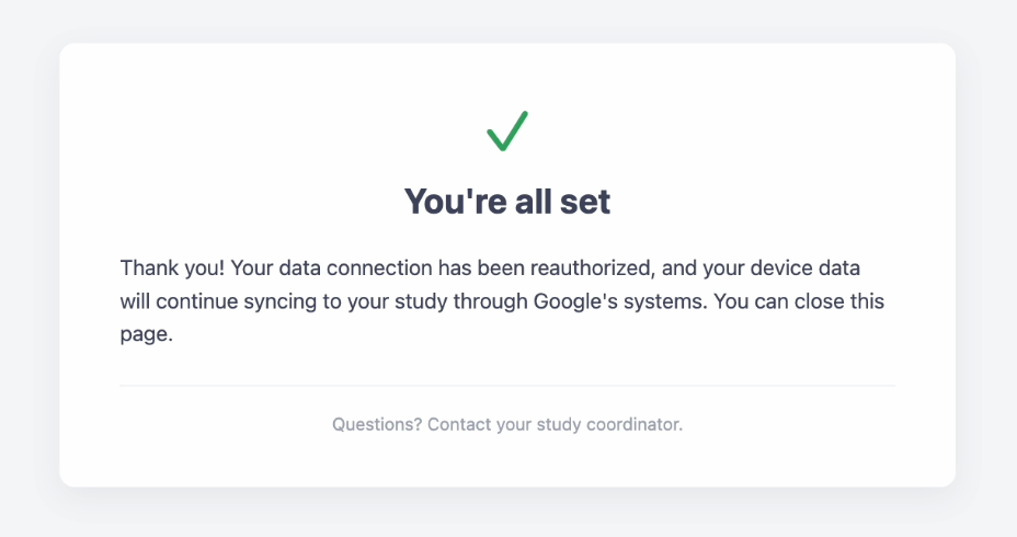 The Fitabase You're all set confirmation page